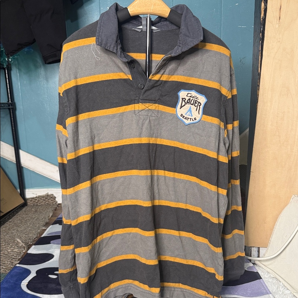 Eddie Bauer Dark Gray, Black & Mustard Striped Rugby Shirt